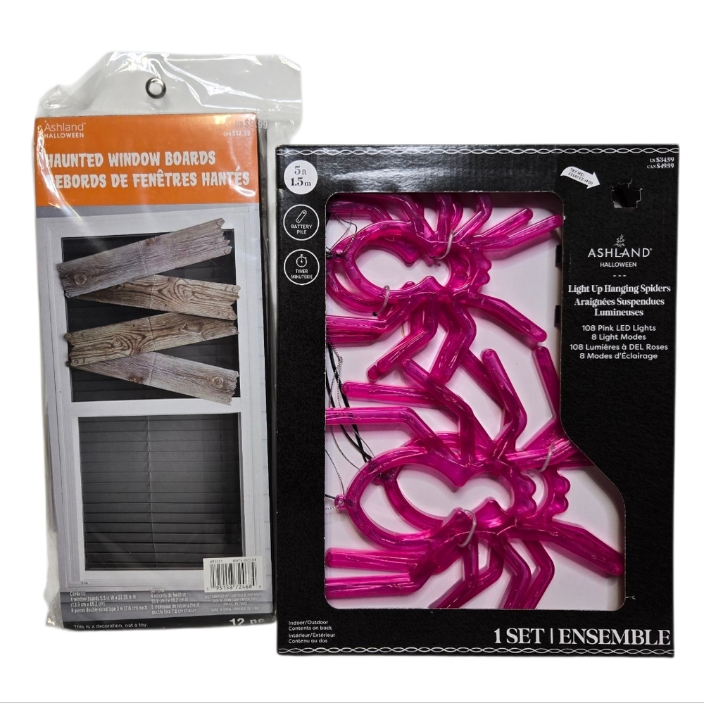 NEW Ashland Halloween decor pink hanging spider lights and haunted window boards